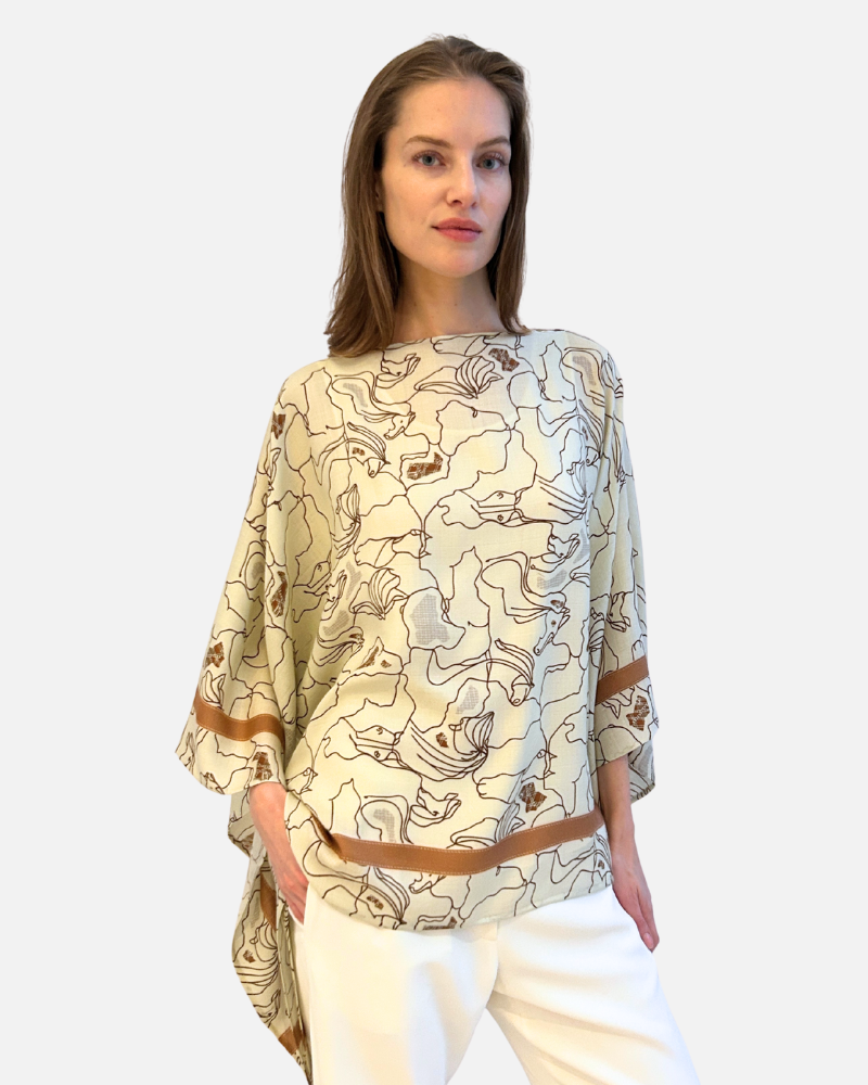 CASHMERE PRINTED PONCHO: WELLINGTON: BEIGE