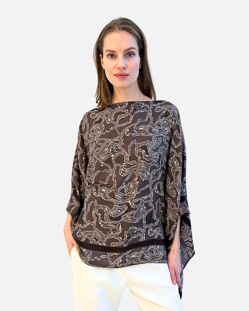 CASHMERE PRINTED PONCHO: WELLINGTON: CHOCOLATE