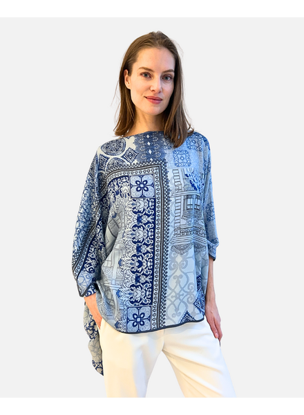 CASHMERE PRINTED PONCHO: SEVILLE: BLUE