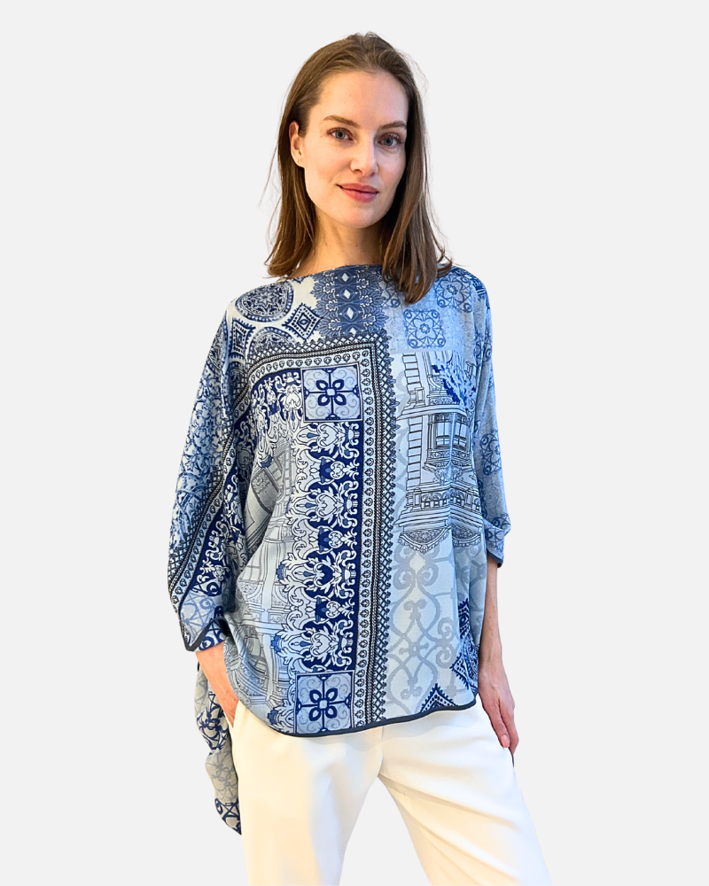 CASHMERE PRINTED PONCHO: SEVILLE: BLUE