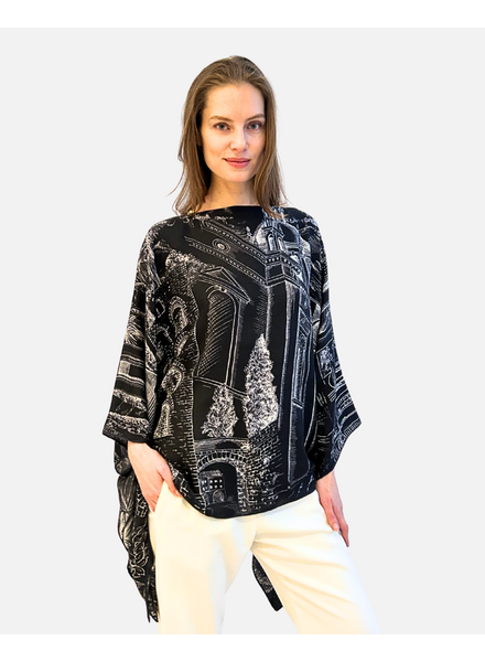 CASHMERE PRINTED PONCHO: MODERN COMO: BLACK