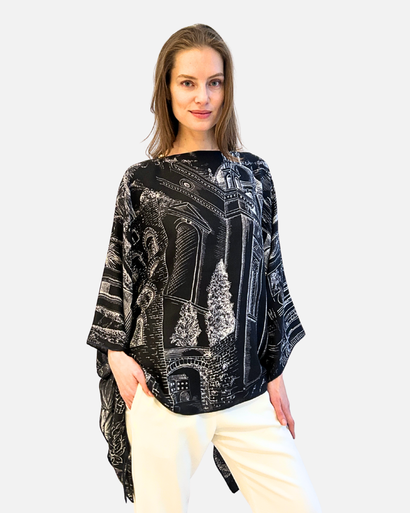 CASHMERE PRINTED PONCHO: MODERN COMO: BLACK