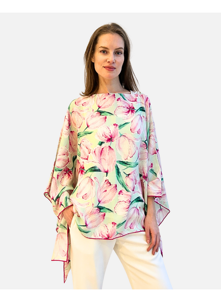 CASHMERE PRINTED PONCHO: TULIPS: AQUA PINK