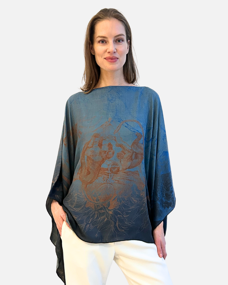 CASHMERE PRINTED PONCHO: SAFARI: BLUE