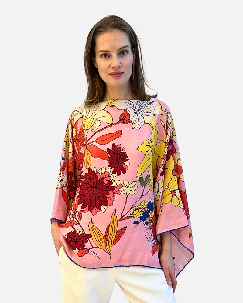 CASHMERE PRINTED PONCHO: COSMO: PINK