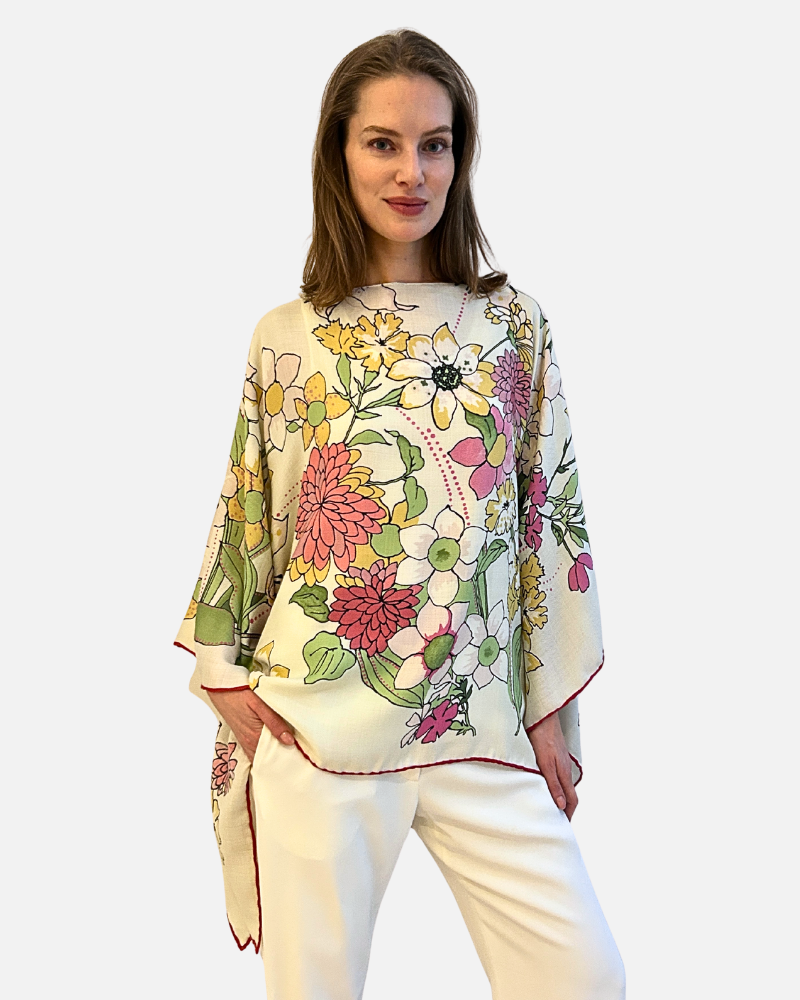 CASHMERE PRINTED PONCHO: COSMO: IVORY
