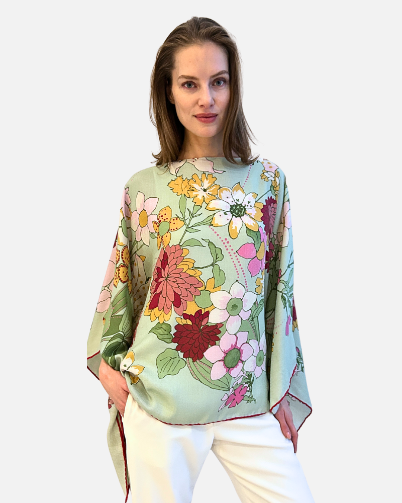 CASHMERE PRINTED PONCHO: COSMO: GREEN