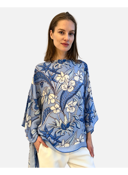 PRINTED CASHMERE PONCHO: ZANZIBAR: BLUE