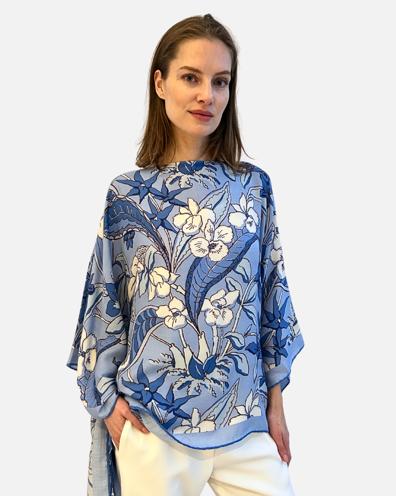PRINTED CASHMERE PONCHO: ZANZIBAR: BLUE