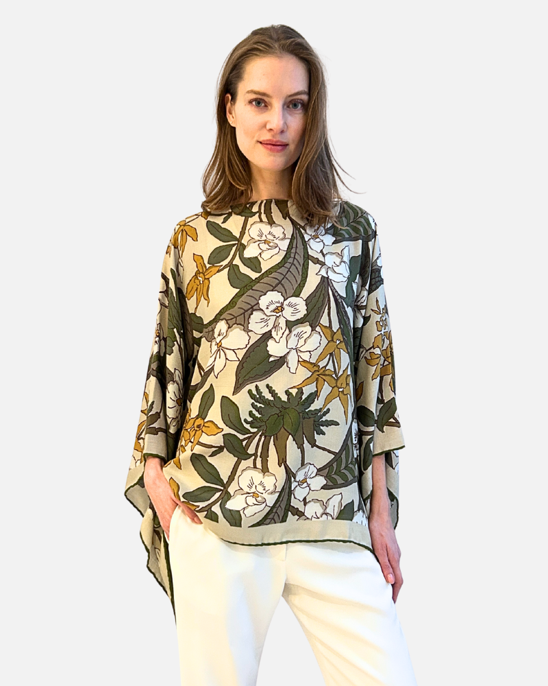 PRINTED CASHMERE PONCHO: ZANZIBAR: BEIGE