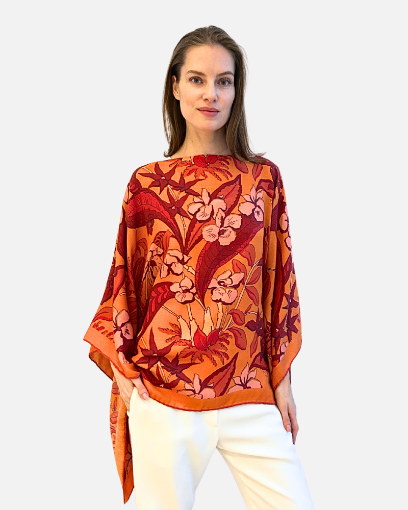 PRINTED CASHMERE PONCHO: ZANZIBAR: ORANGE