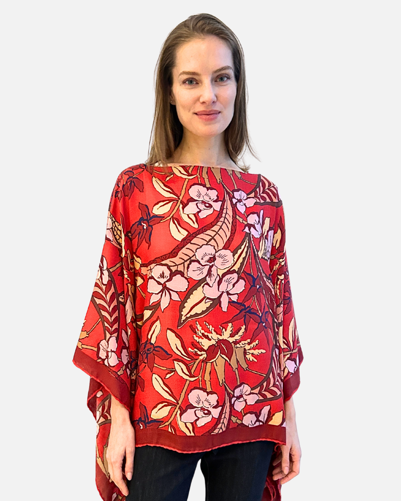 PRINTED CASHMERE PONCHO: ZANZIBAR: RED