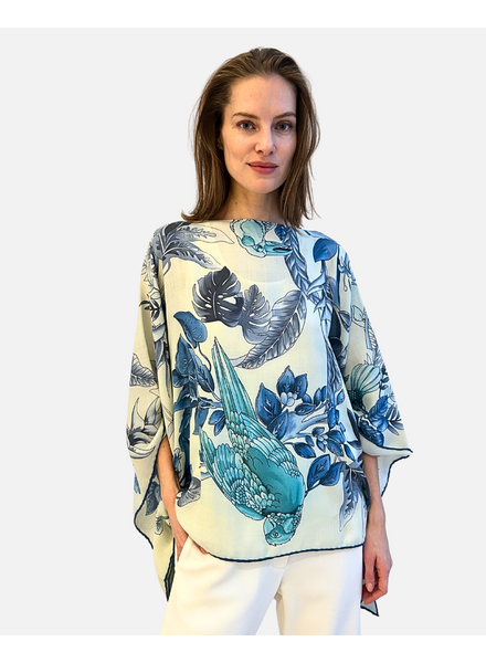 PRINTED CASHMERE PONCHO: BIRDS: TEAL
