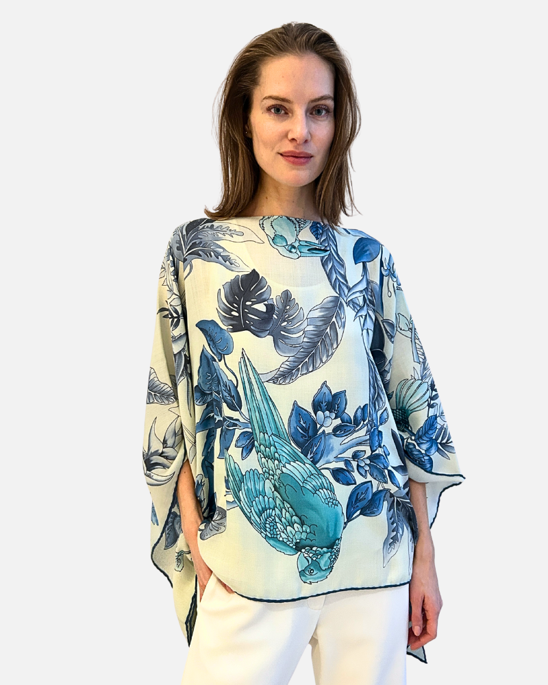 PRINTED CASHMERE PONCHO: BIRDS: TEAL