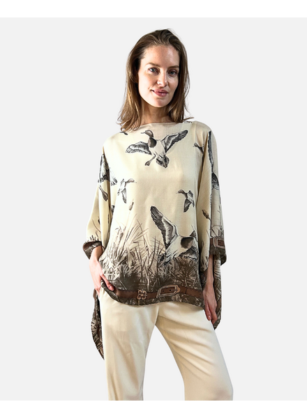 CASHMERE PRINTED PONCHO: DUCK: TAUPE