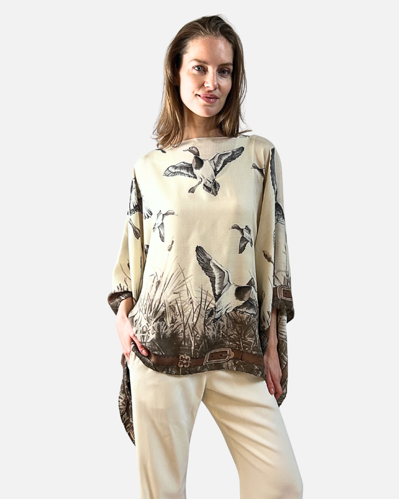 CASHMERE PRINTED PONCHO: DUCK: TAUPE