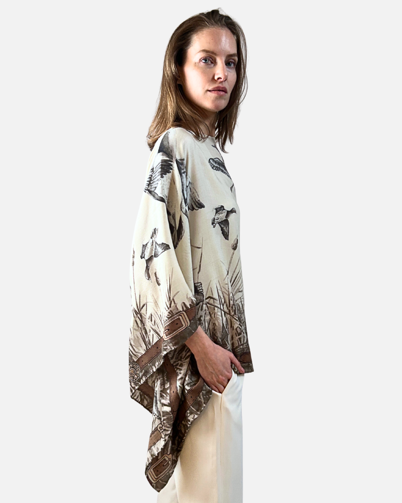 CASHMERE PRINTED PONCHO: DUCK: TAUPE