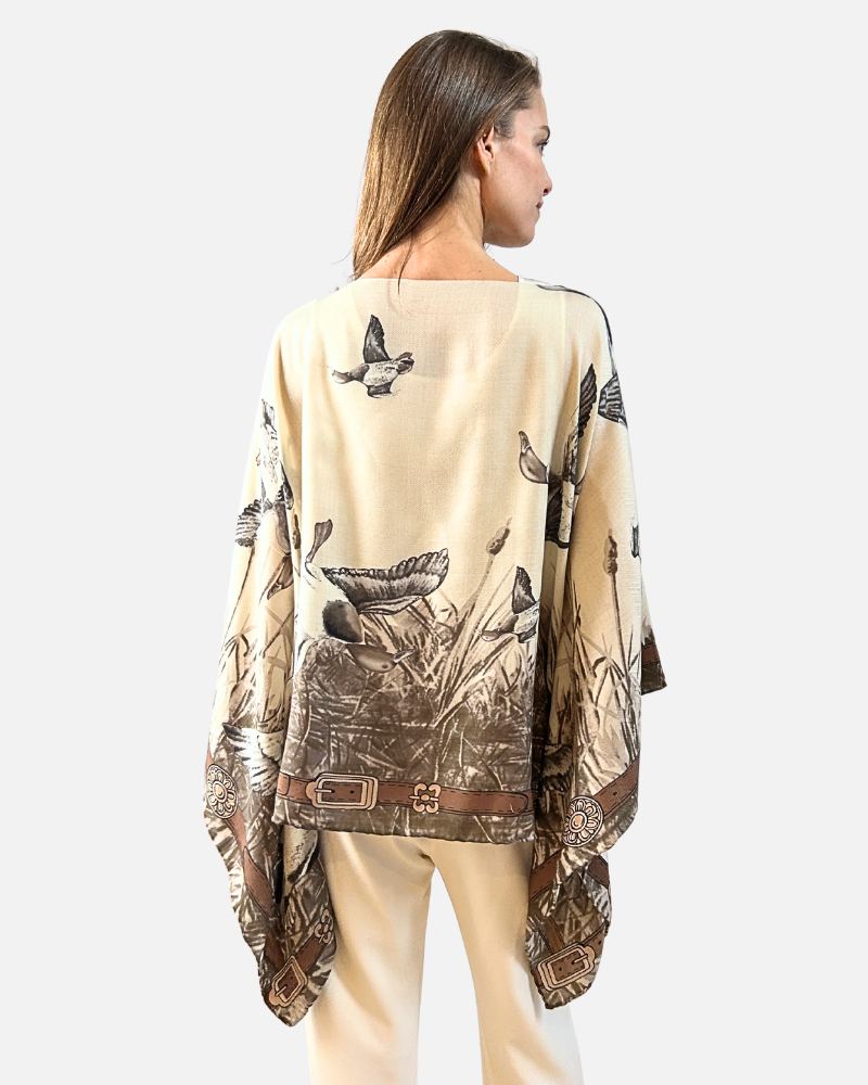 CASHMERE PRINTED PONCHO: DUCK: TAUPE