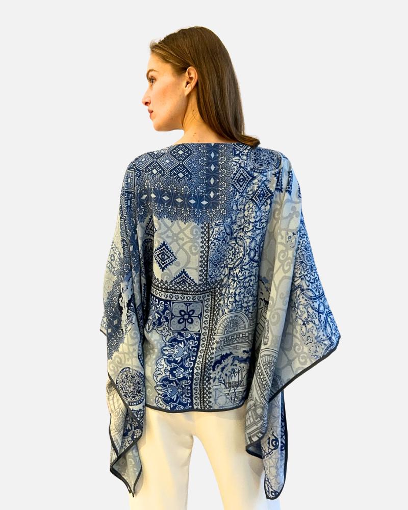 CASHMERE PRINTED PONCHO: SEVILLE: BLUE