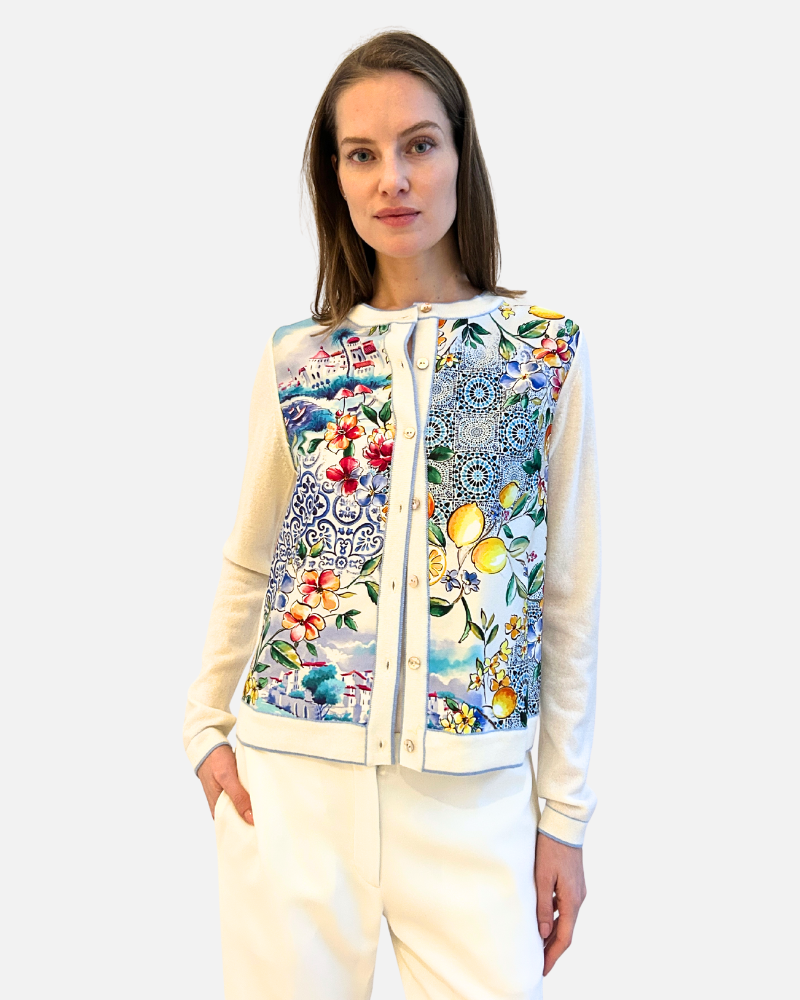 CASHMERE KNITTED CARDIGAN WITH CAPRI PRINT: BLUE