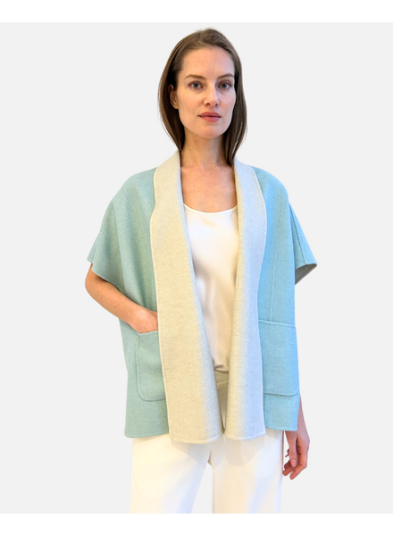 CASHMERE DOUBLE FACE  SHORT SLEEVE  REVERSIBLE JACKET: TURQUOISE-IVORY