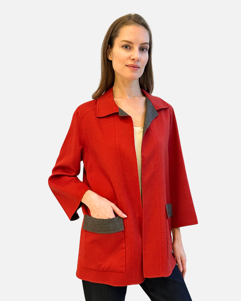 DOUBLE-FACE CASHMERE DUSTER W/ STITCH DETAILS: RED-ANTHRACITE