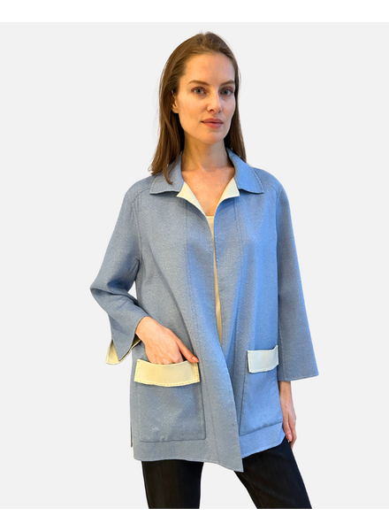 DOUBLE-FACECASHMERE DUSTER W/ STITCH DETAILS: AZURE-PEARL