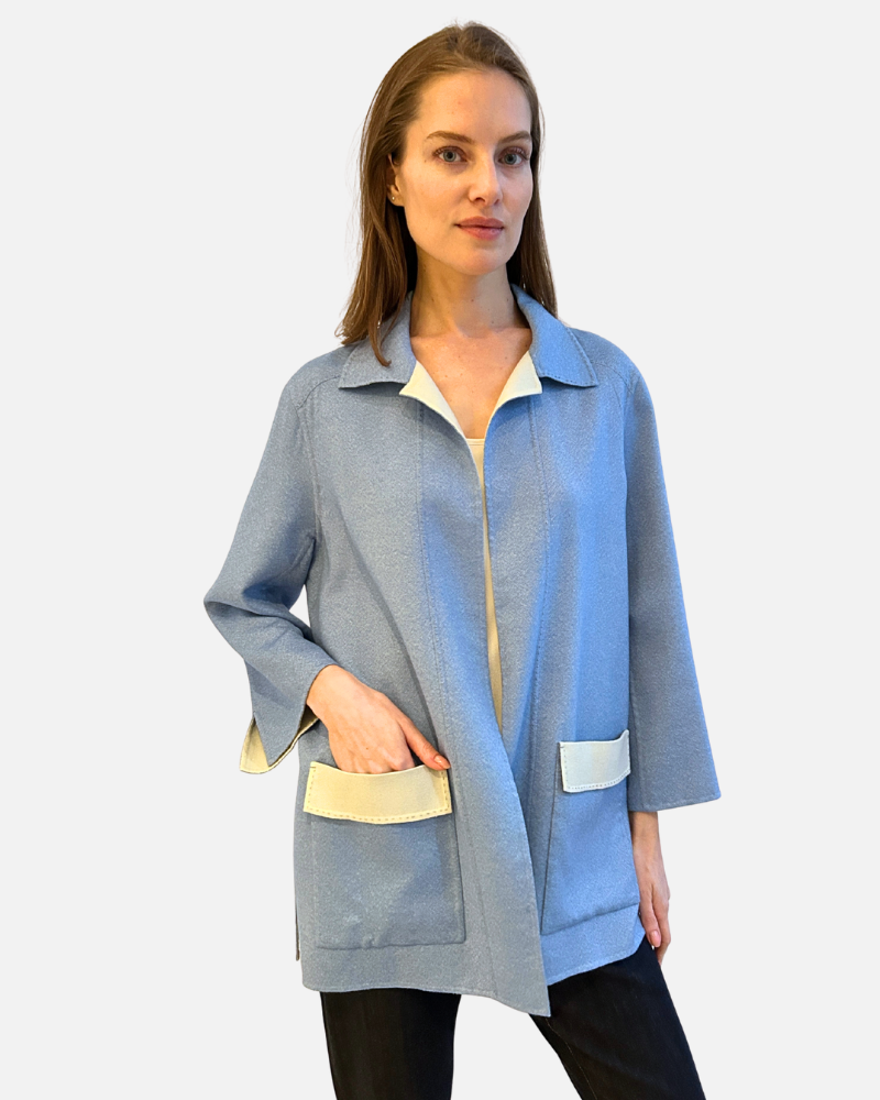 DOUBLE-FACECASHMERE DUSTER W/ STITCH DETAILS: AZURE-PEARL
