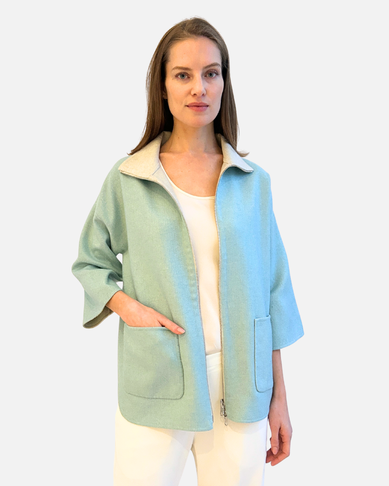 CASHMERE DOUBLE FACE REVERSIBLE JACKET WITH ZIP: TURQ