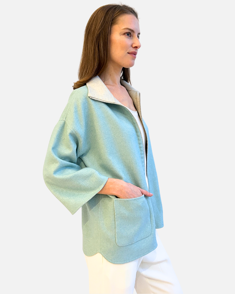 CASHMERE DOUBLE FACE REVERSIBLE JACKET WITH ZIP: TURQ