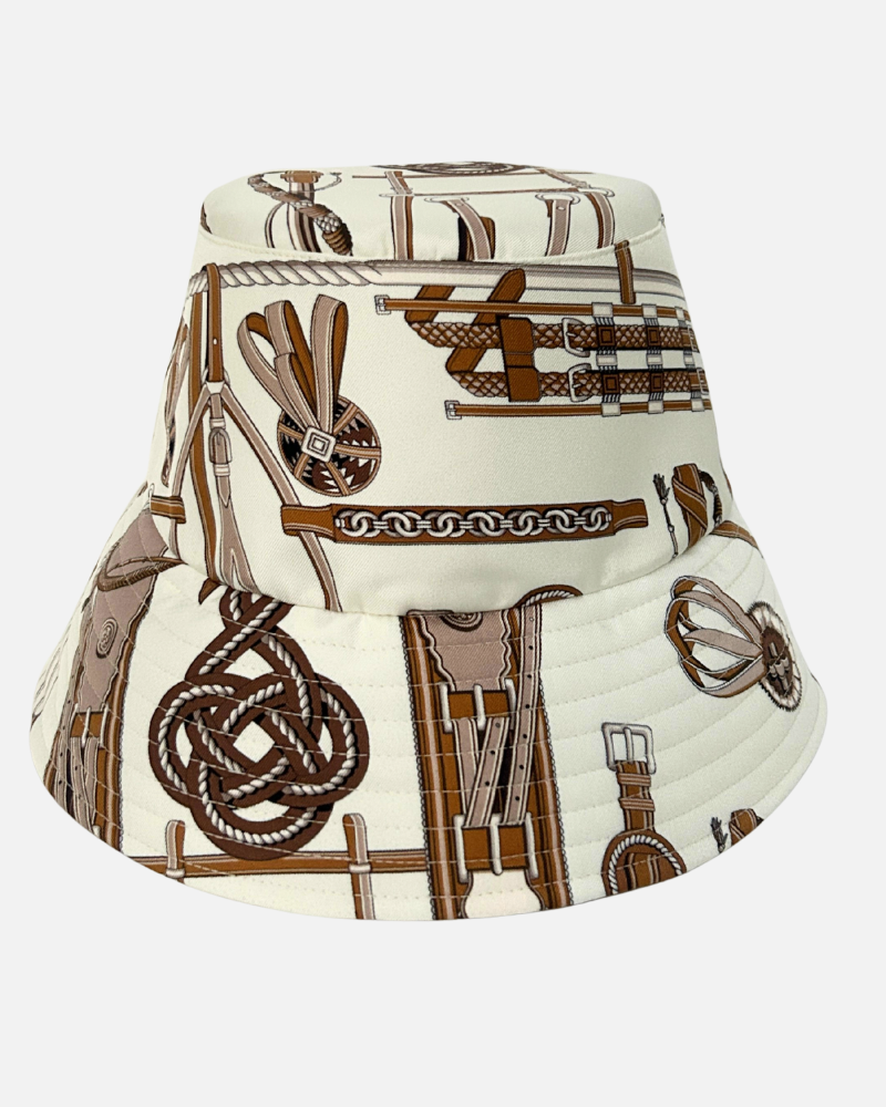 PRINTED SILK BUCKET HAT: BITS: IVORY