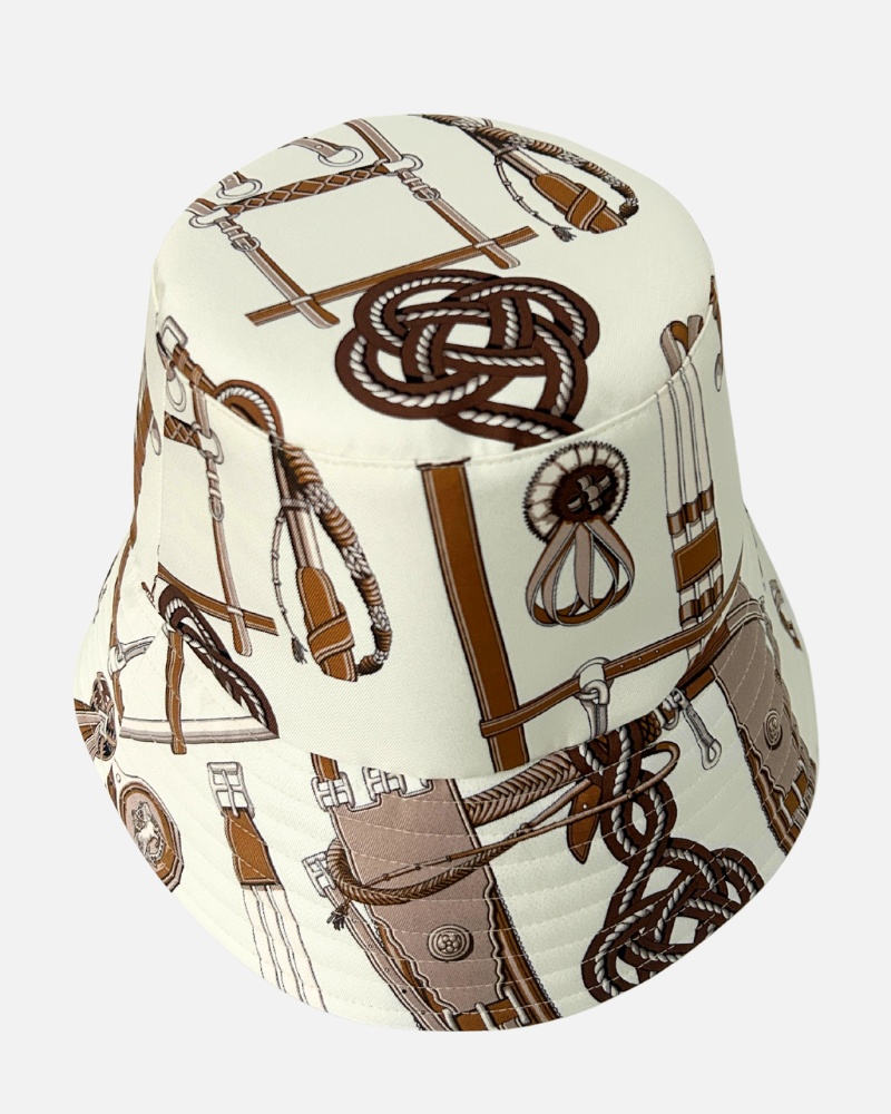 PRINTED SILK BUCKET HAT: BITS: IVORY