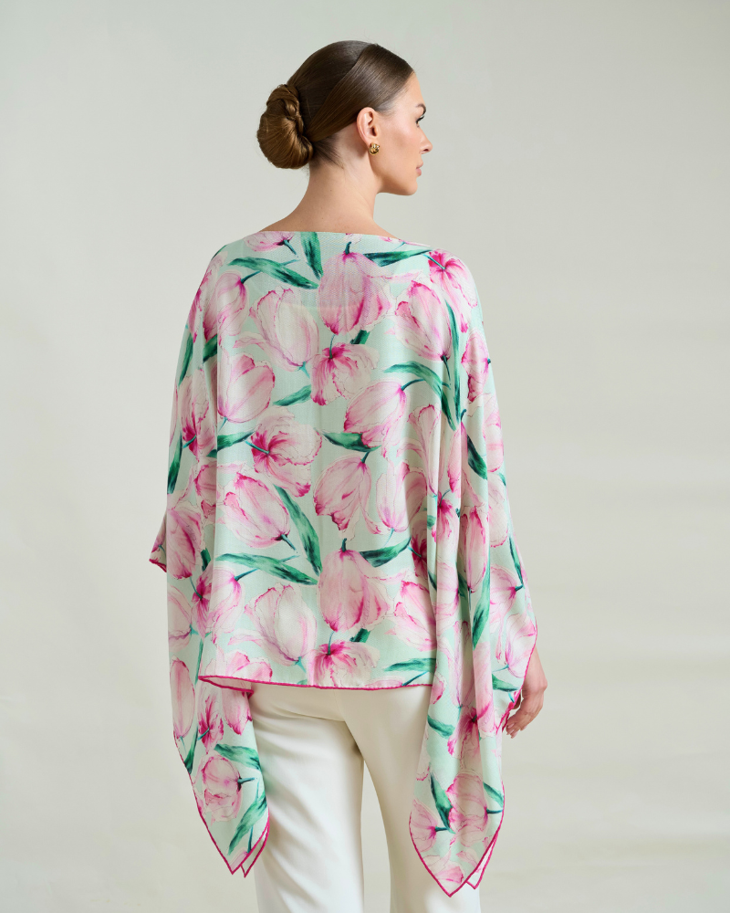 CASHMERE PRINTED PONCHO: TULIPS: AQUA PINK