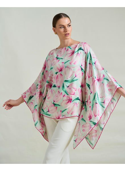 CASHMERE PRINTED PONCHO: TULIPS: AQUA PINK