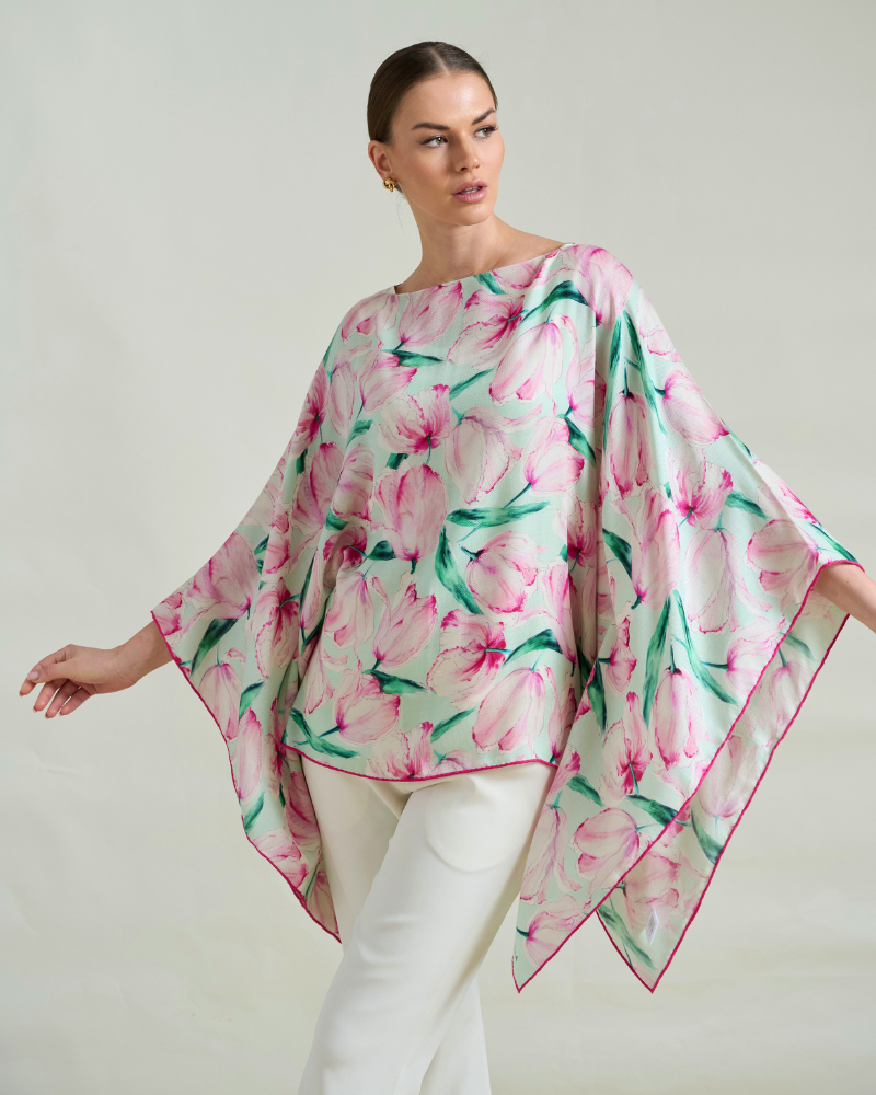 CASHMERE PRINTED PONCHO: TULIPS: AQUA PINK