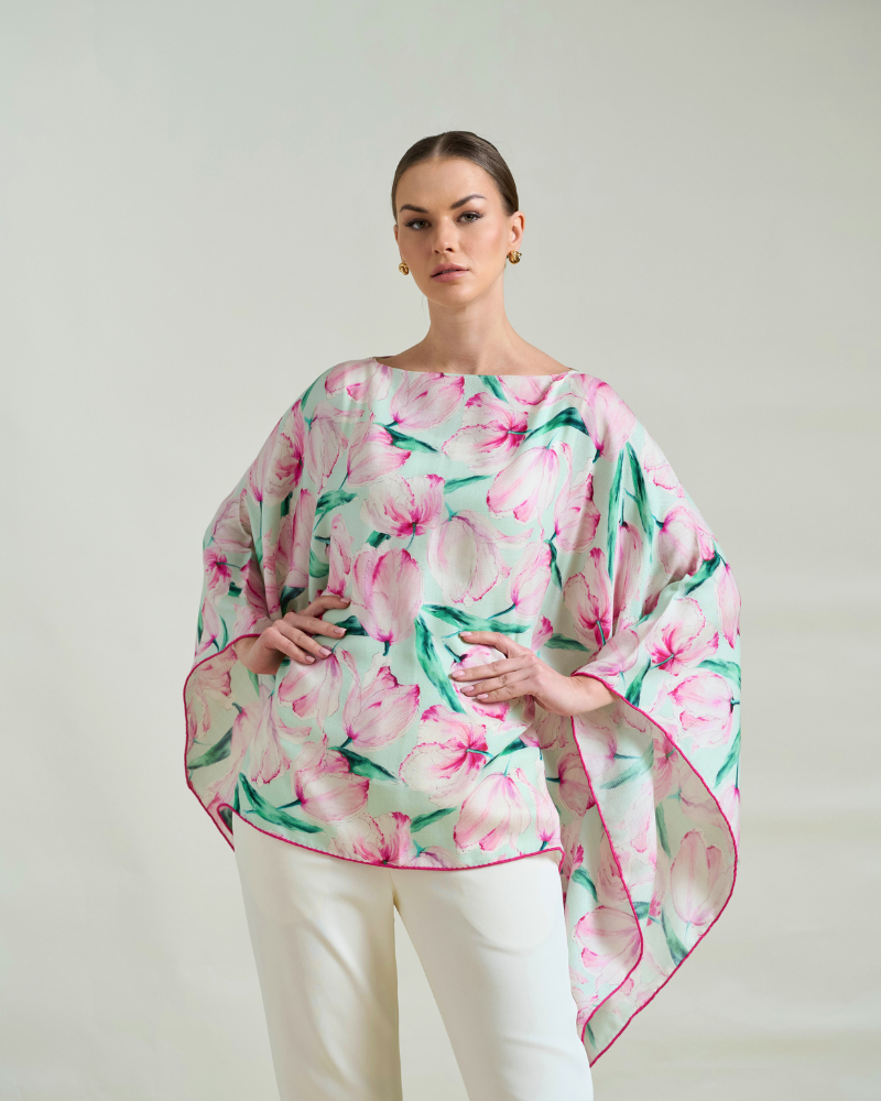 CASHMERE PRINTED PONCHO: TULIPS: AQUA PINK