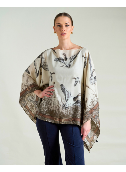 CASHMERE PRINTED PONCHO: DUCK: TAUPE