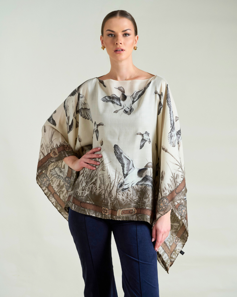 CASHMERE PRINTED PONCHO: DUCK: TAUPE