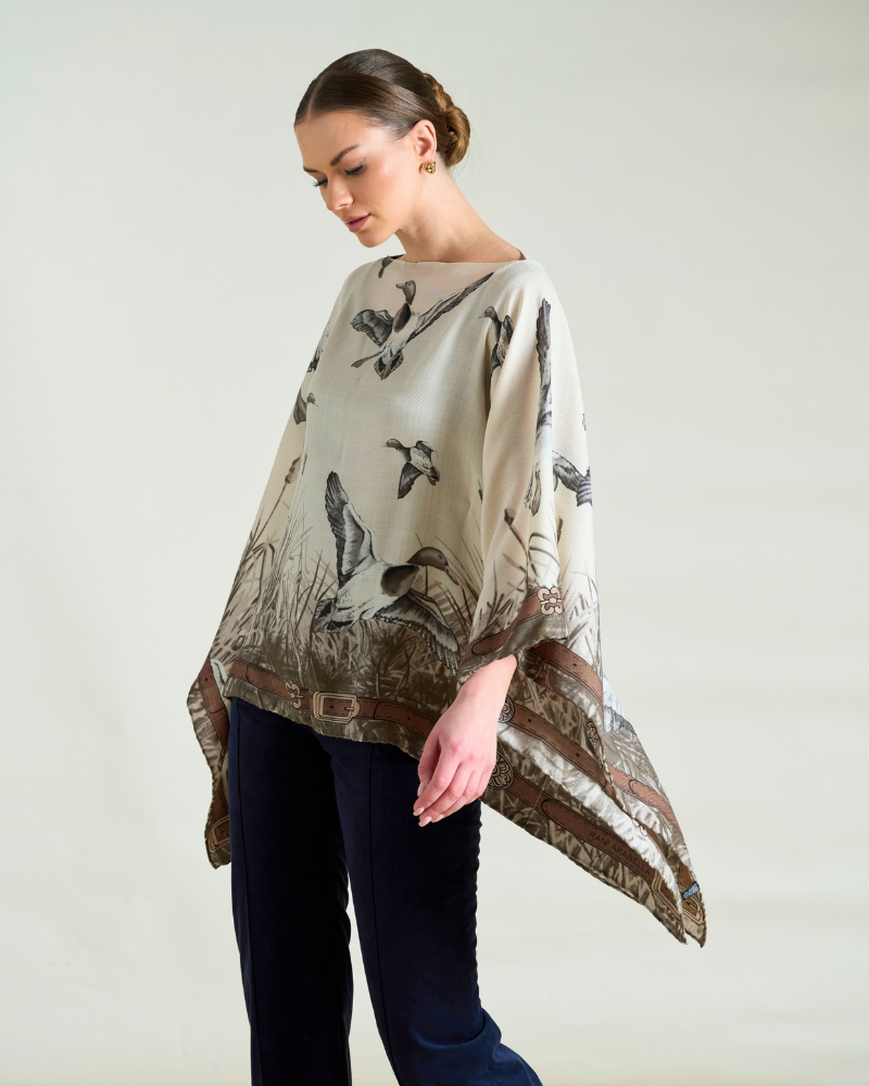 CASHMERE PRINTED PONCHO: DUCK: TAUPE