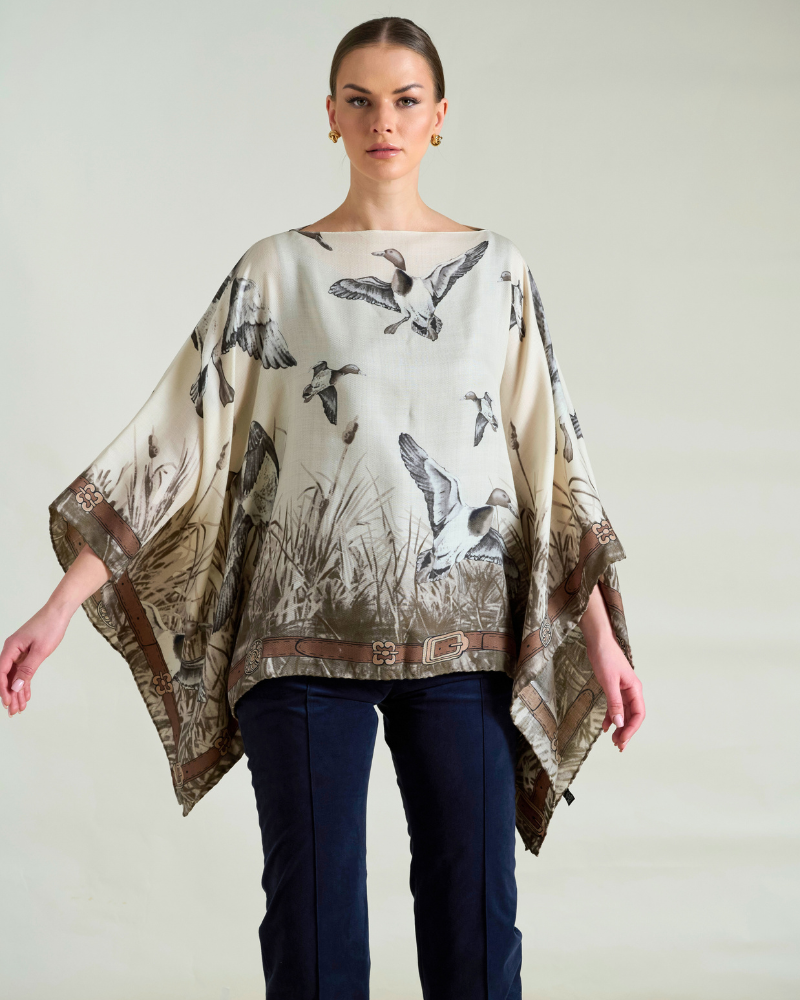 CASHMERE PRINTED PONCHO: DUCK: TAUPE