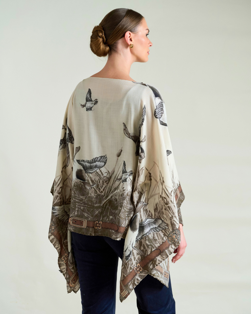 CASHMERE PRINTED PONCHO: DUCK: TAUPE