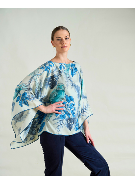 PRINTED CASHMERE PONCHO: BIRDS: TEAL