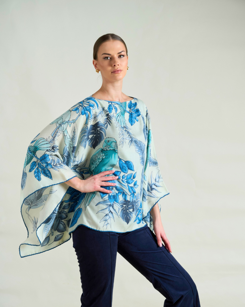PRINTED CASHMERE PONCHO: BIRDS: TEAL