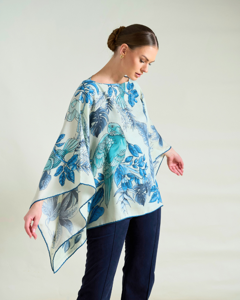 PRINTED CASHMERE PONCHO: BIRDS: TEAL