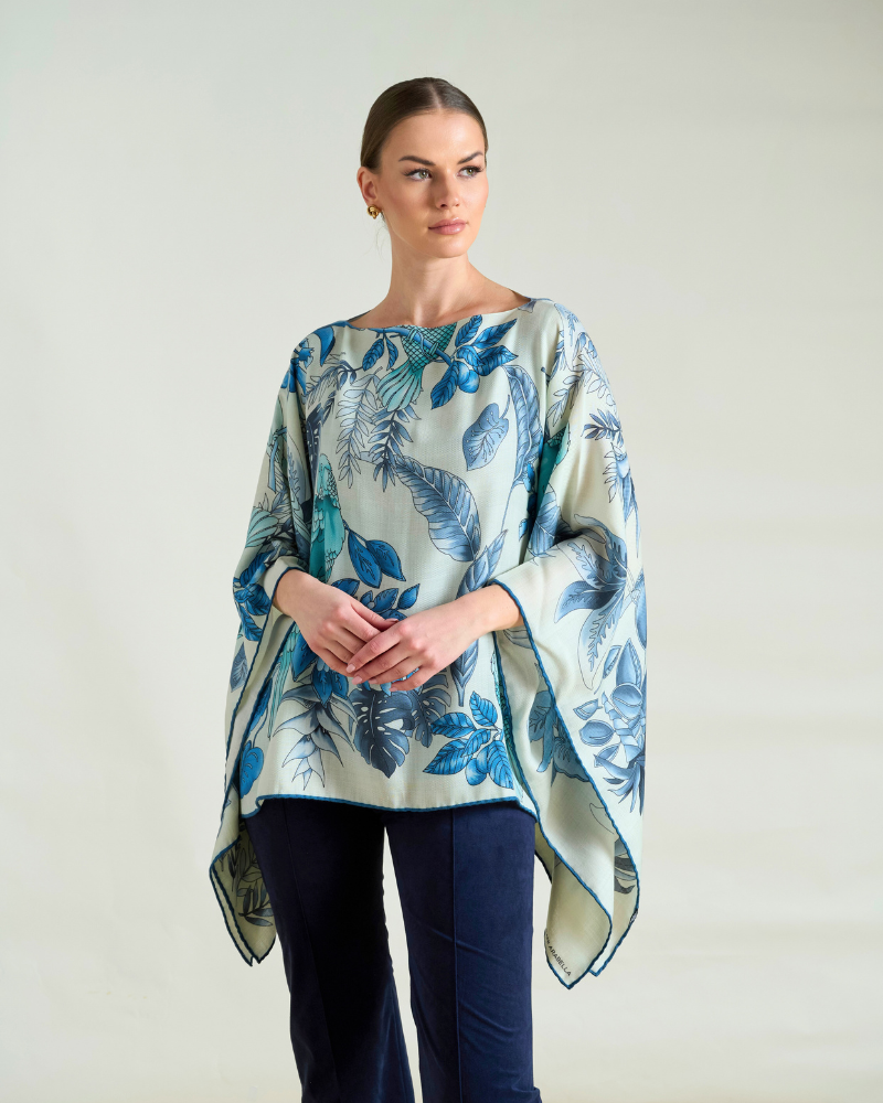 PRINTED CASHMERE PONCHO: BIRDS: TEAL