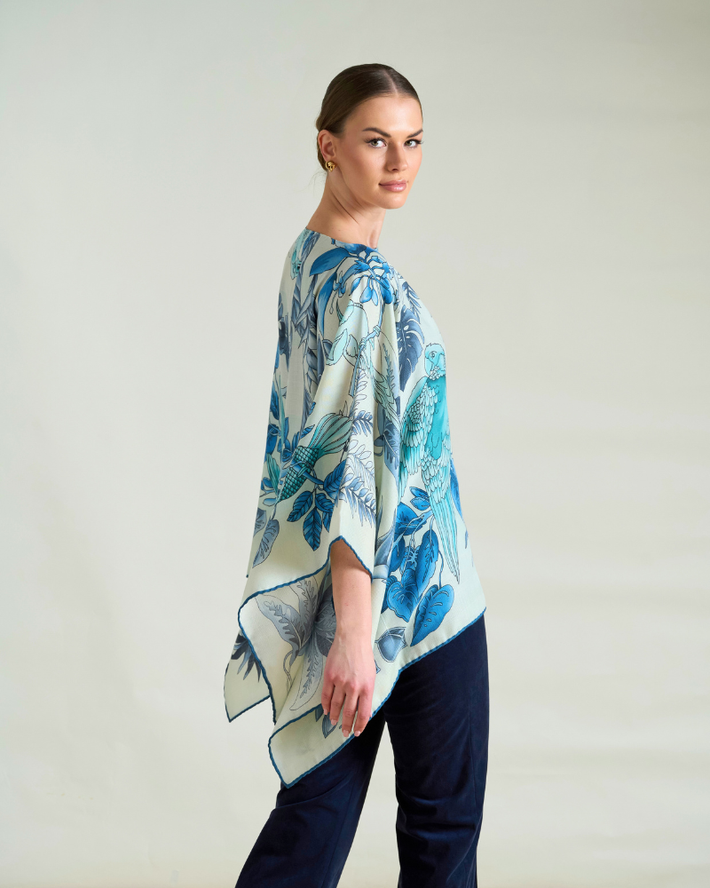 PRINTED CASHMERE PONCHO: BIRDS: TEAL