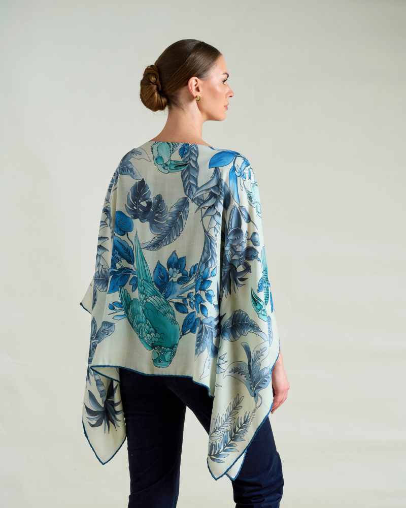 PRINTED CASHMERE PONCHO: BIRDS: TEAL