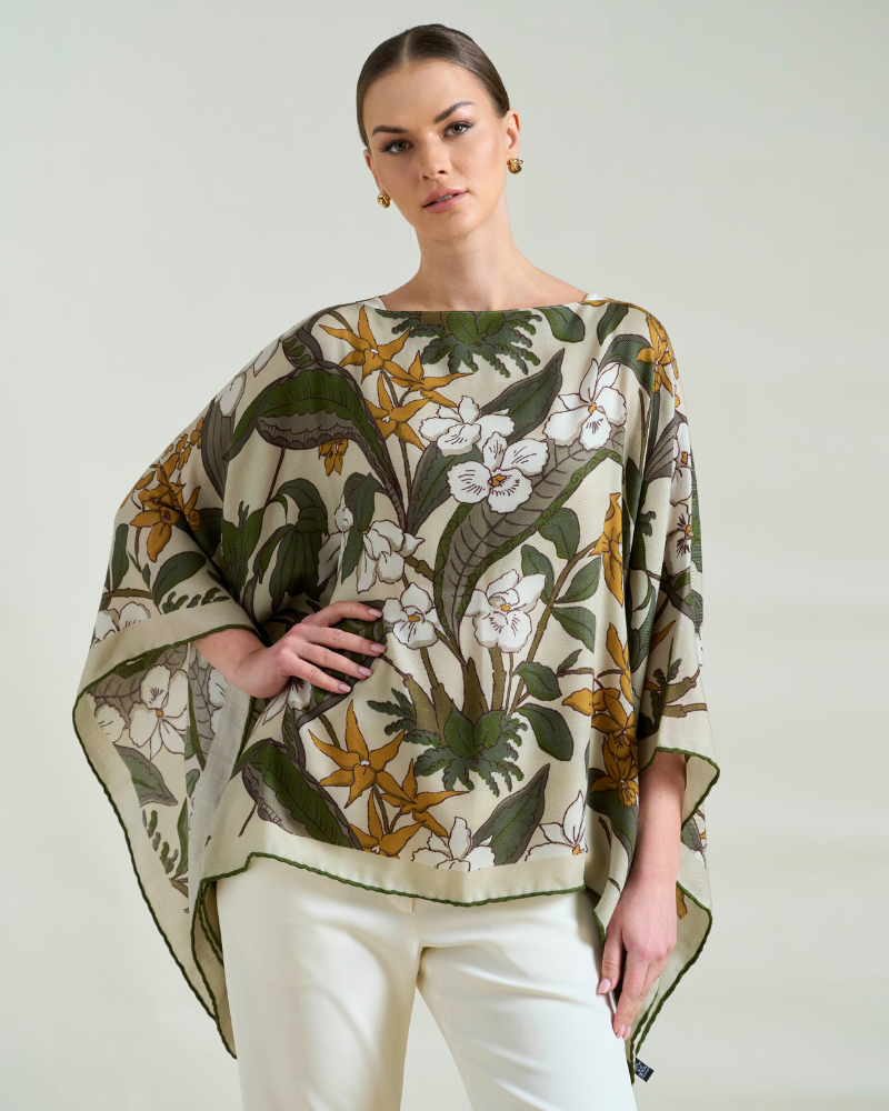 PRINTED CASHMERE PONCHO: ZANZIBAR: BEIGE