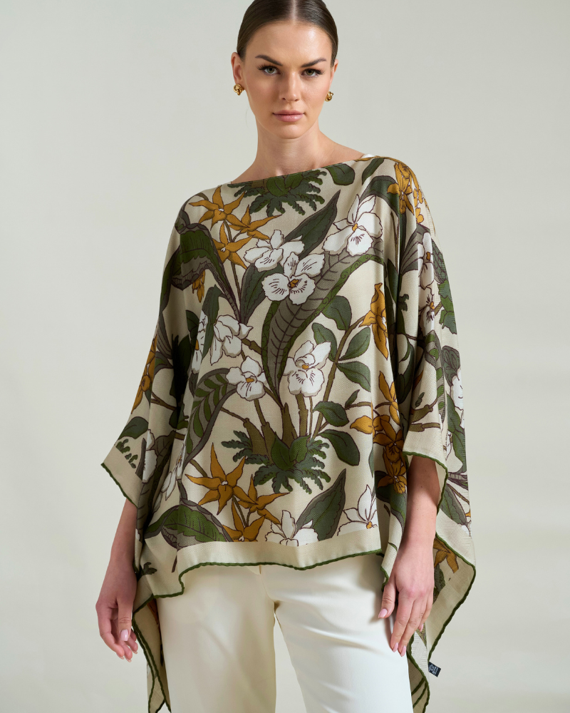 PRINTED CASHMERE PONCHO: ZANZIBAR: BEIGE