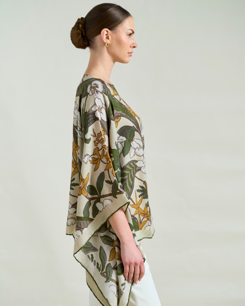 PRINTED CASHMERE PONCHO: ZANZIBAR: BEIGE